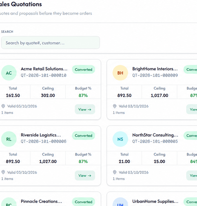 Mobile crop of sales quotations in a sanitized Datascape business operations platform.