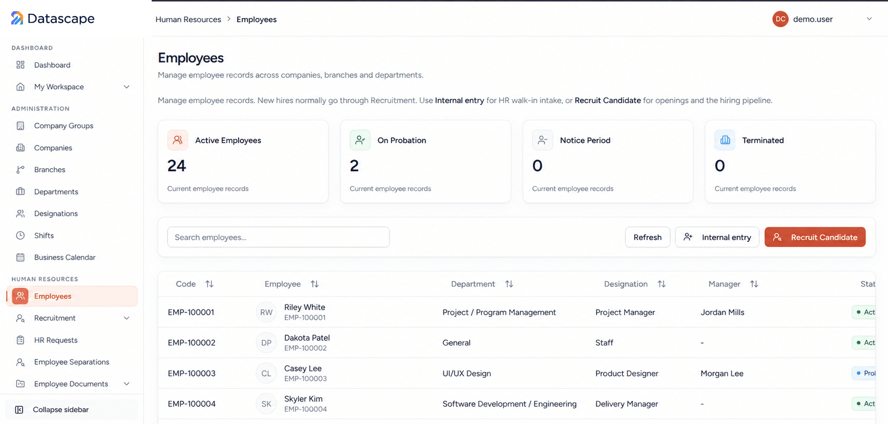 Employee records workspace in a sanitized Datascape platform.